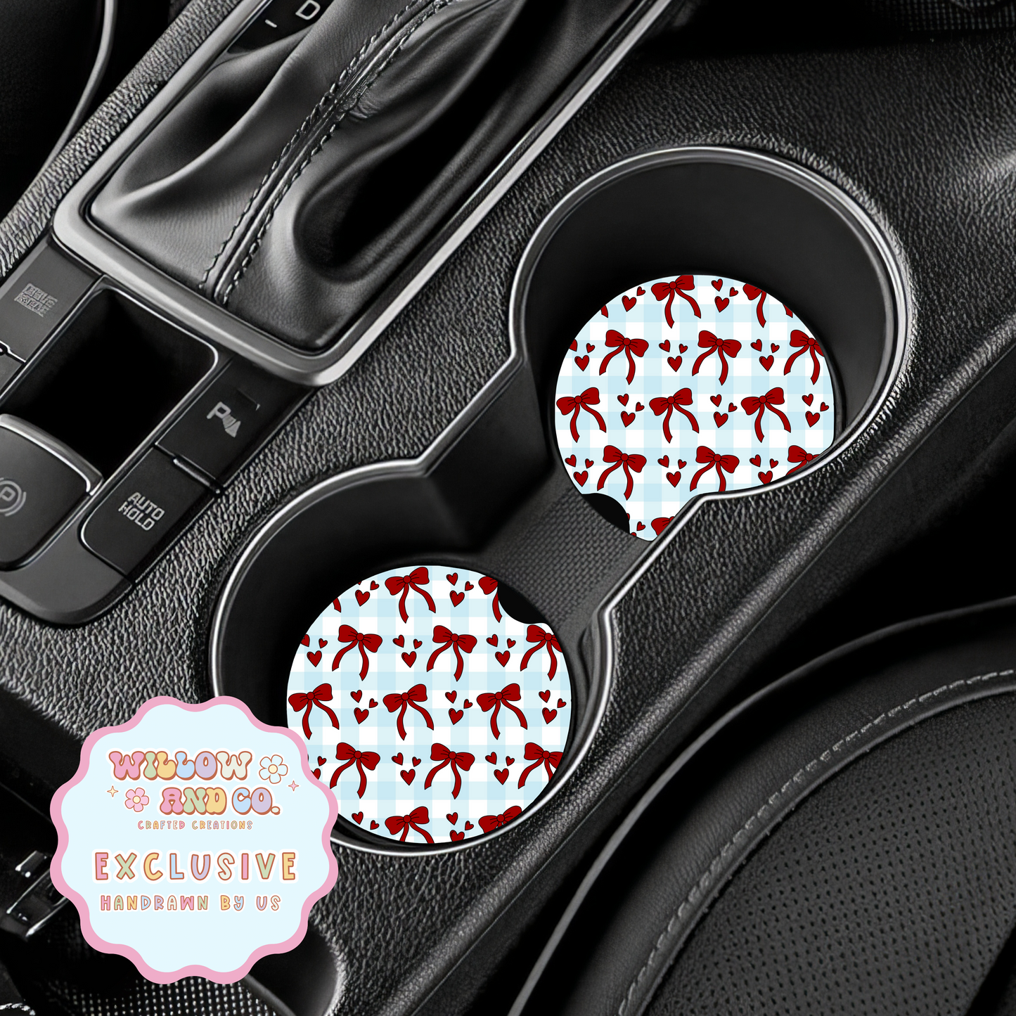 Love & Bows (Blue Gingham) - Car Coasters