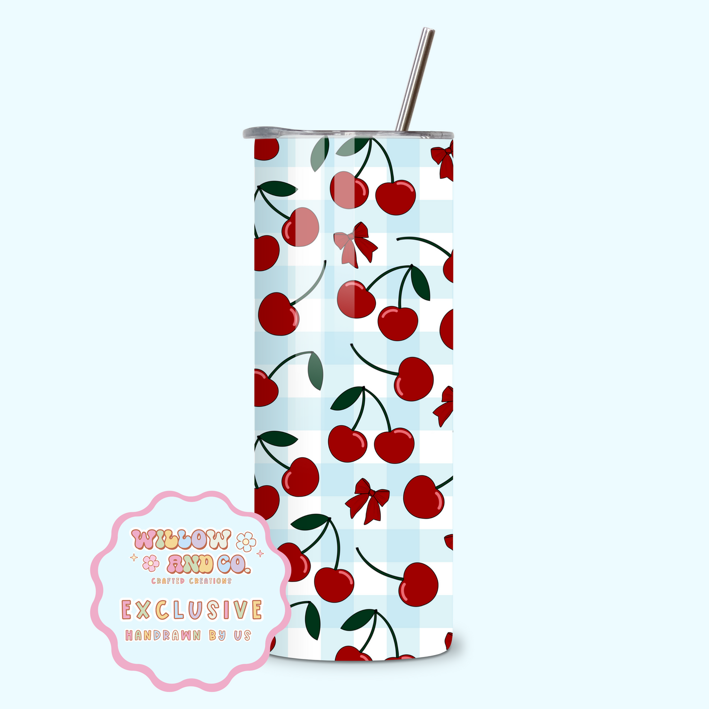 Cherry Vibes (Blue Gingham) - Metal Tumbler