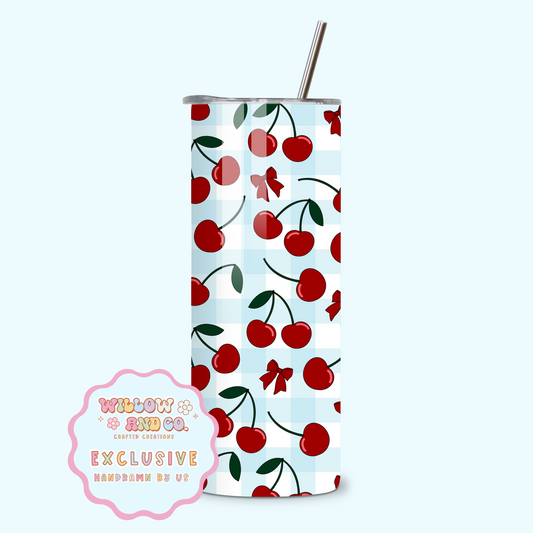 Cherry Vibes (Blue Gingham) - Metal Tumbler