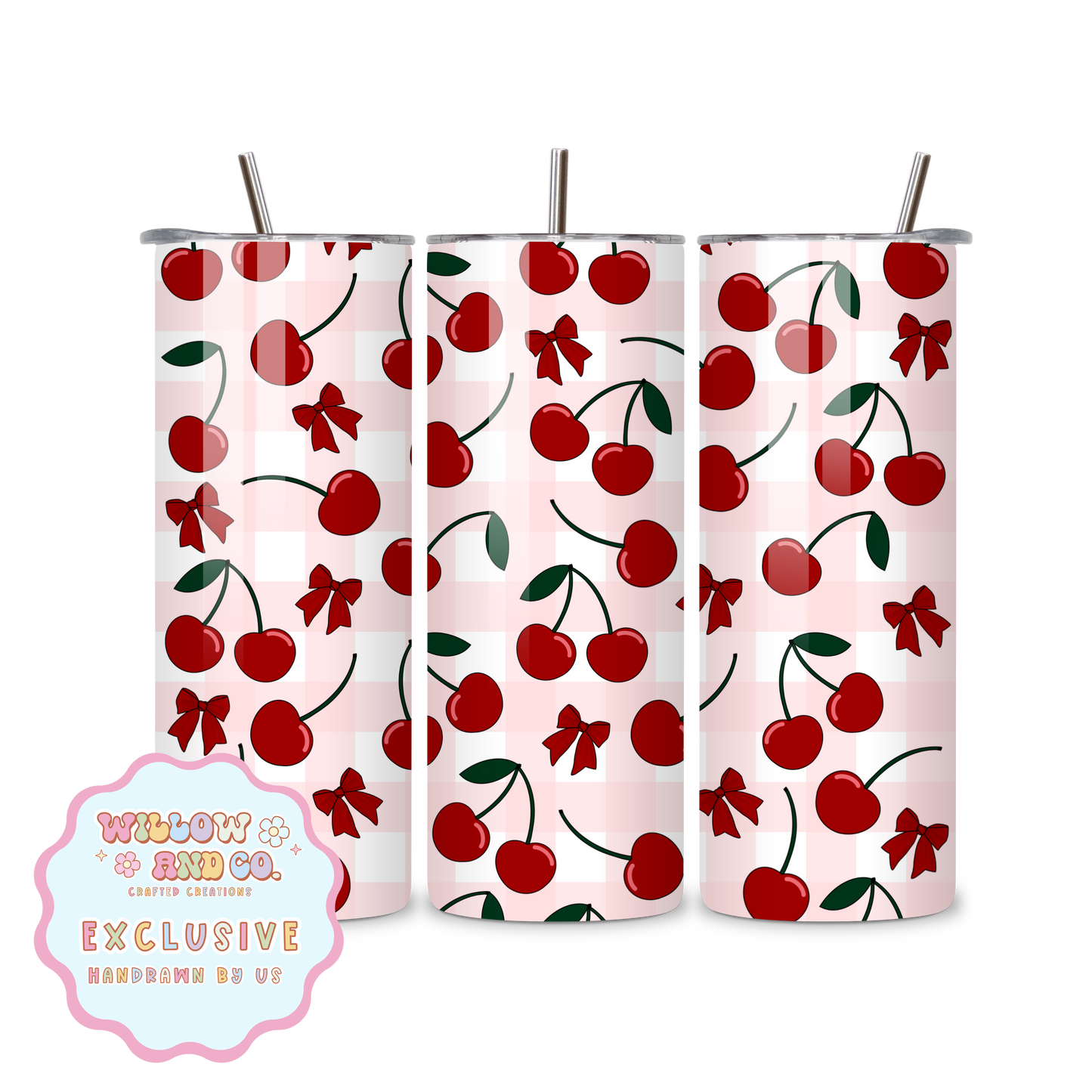 Cherry Vibes (Pink Gingham) - Metal Tumbler