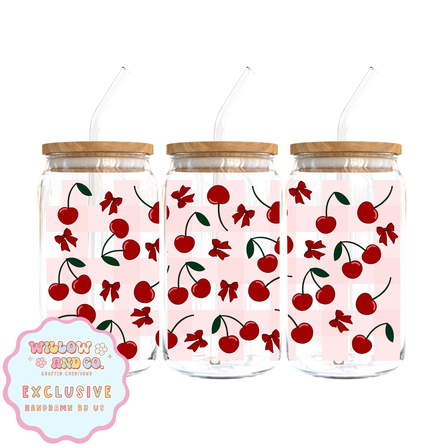 Cherry Vibes (Pink Gingham) - Glass Tumbler