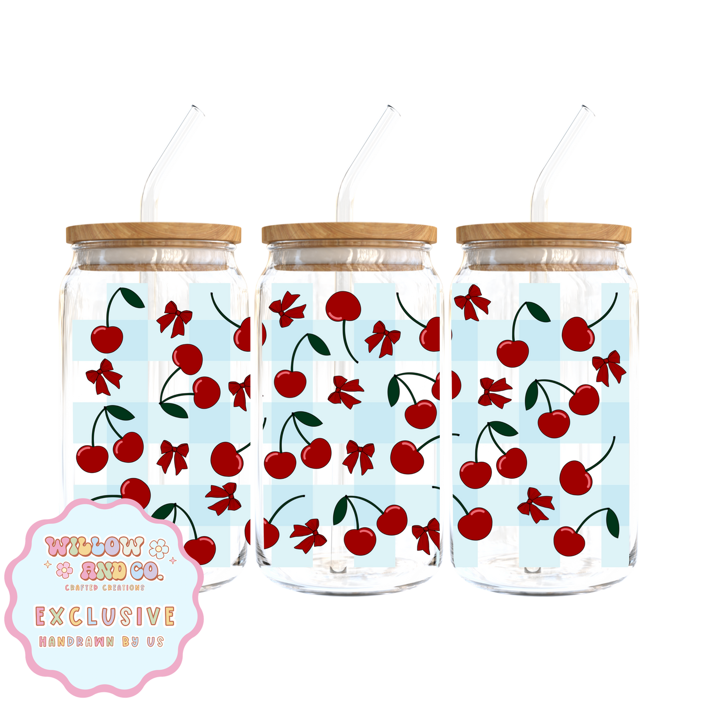 Cherry Vibes (Blue Gingham) - Glass Tumbler