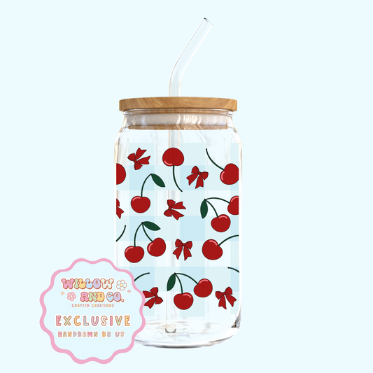 Cherry Vibes (Blue Gingham) - Glass Tumbler