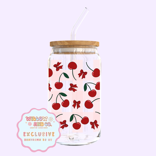 Cherry Vibes (Pink Gingham) - Glass Tumbler