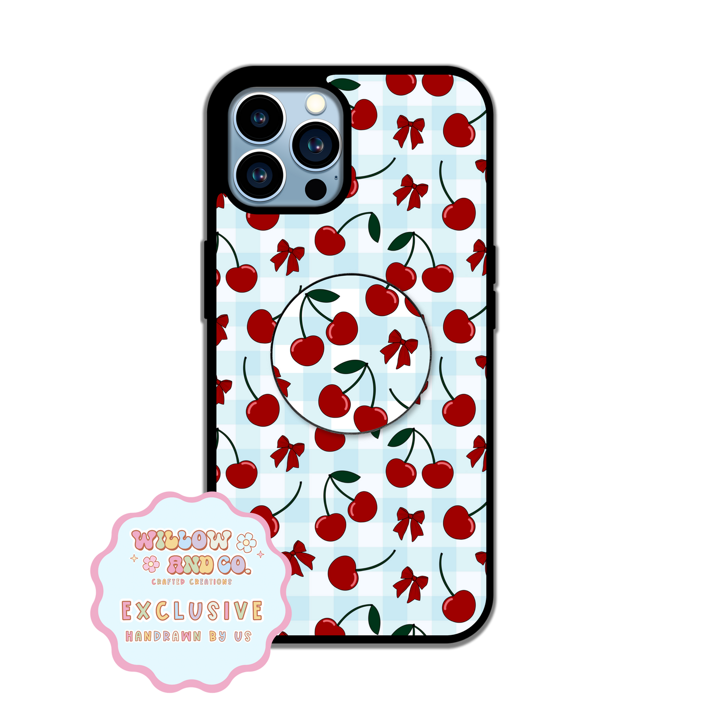 Cherry Vibes (Blue Gingham) - Pop Socket