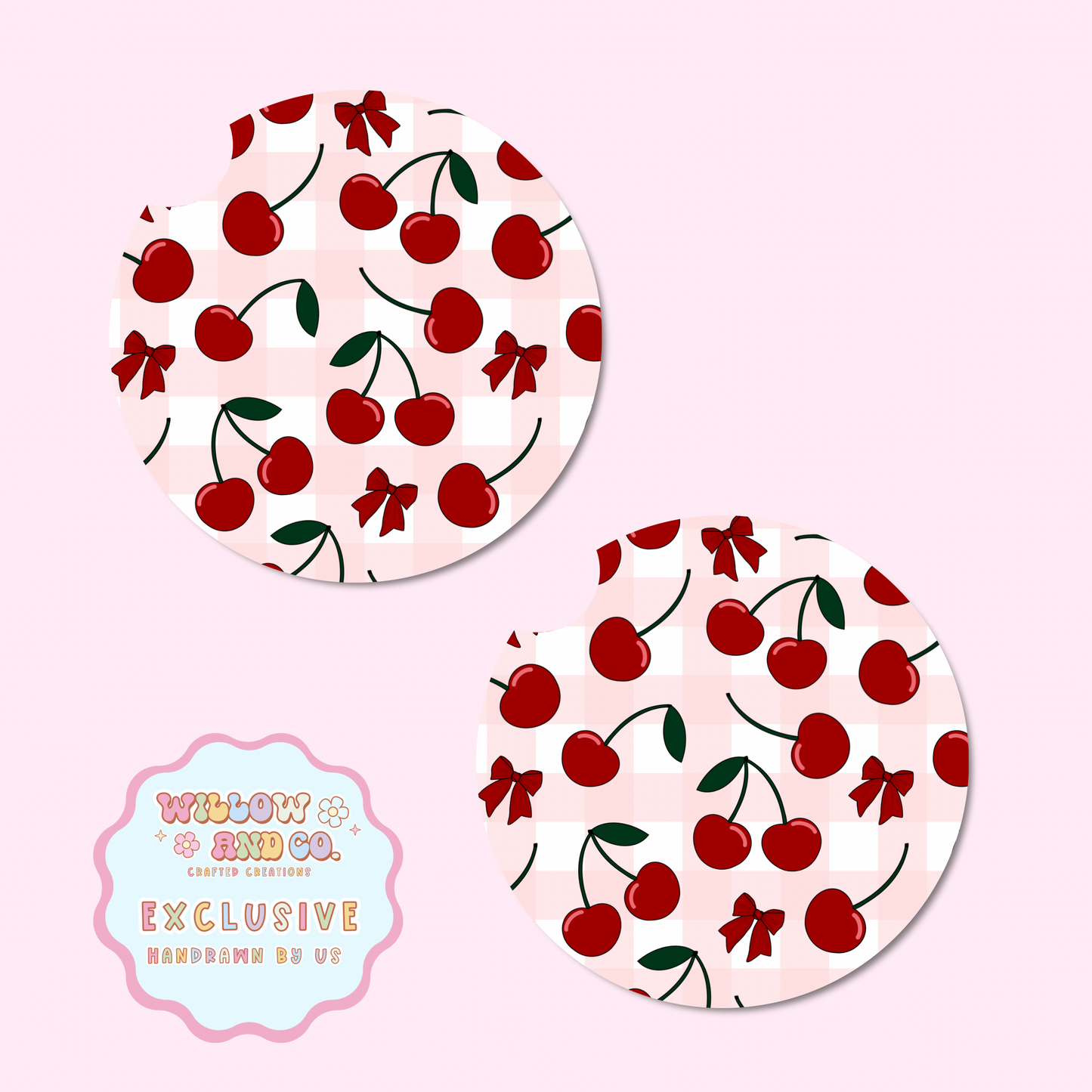 Cherry Vibes (Pink Gingham) - Car Coasters