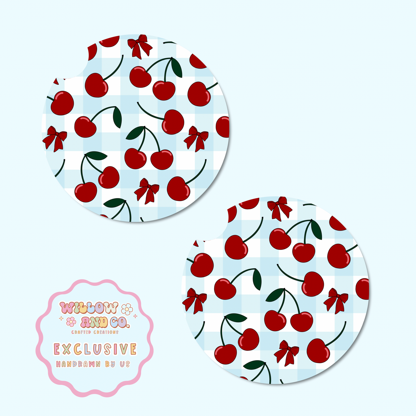 Cherry Vibes (Blue Gingham) - Car Coasters