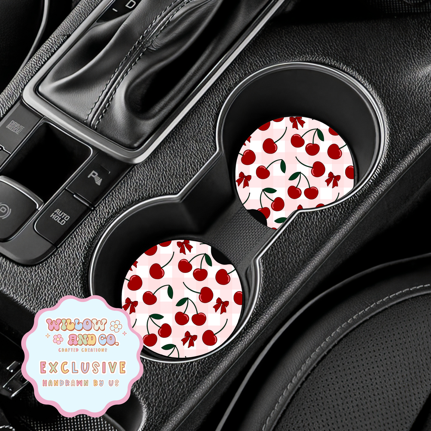 Cherry Vibes (Pink Gingham) - Car Coasters