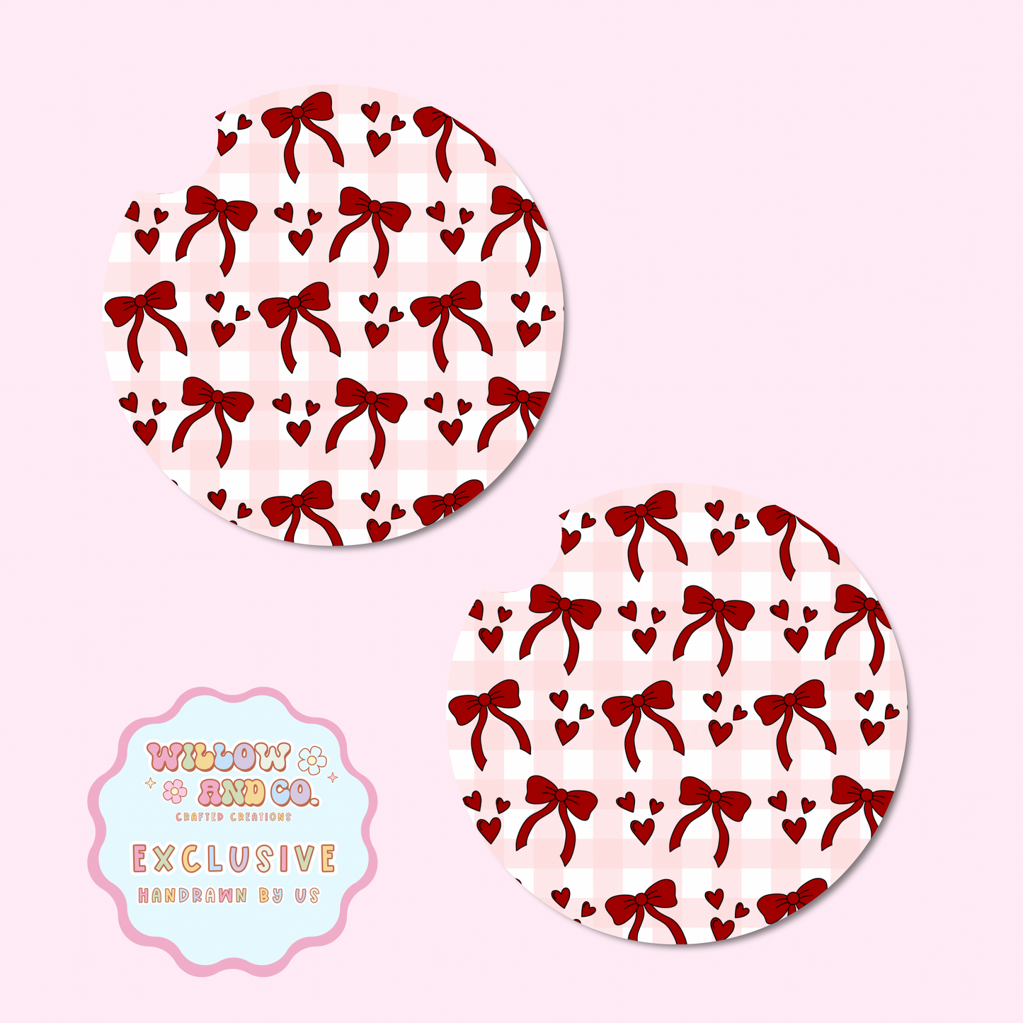 Love & Bows (Pink Gingham) - Car Coasters
