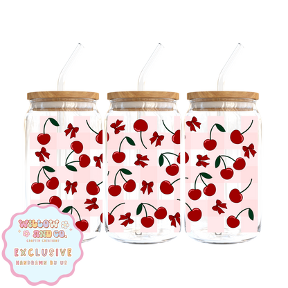 Cherry Vibes (Pink Gingham) - Glass Tumbler