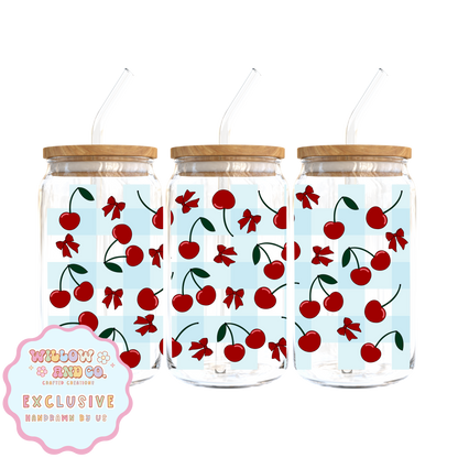 Cherry Vibes (Blue Gingham) - Glass Tumbler